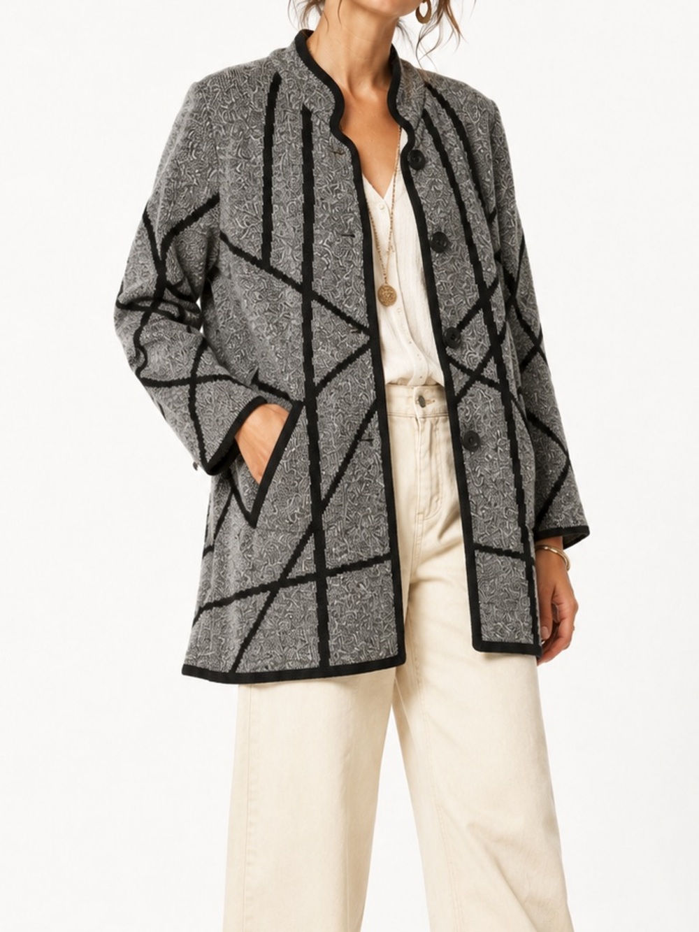 Vitesi Polish Gray & Black Abstract Knit Cardigan Jacket Large